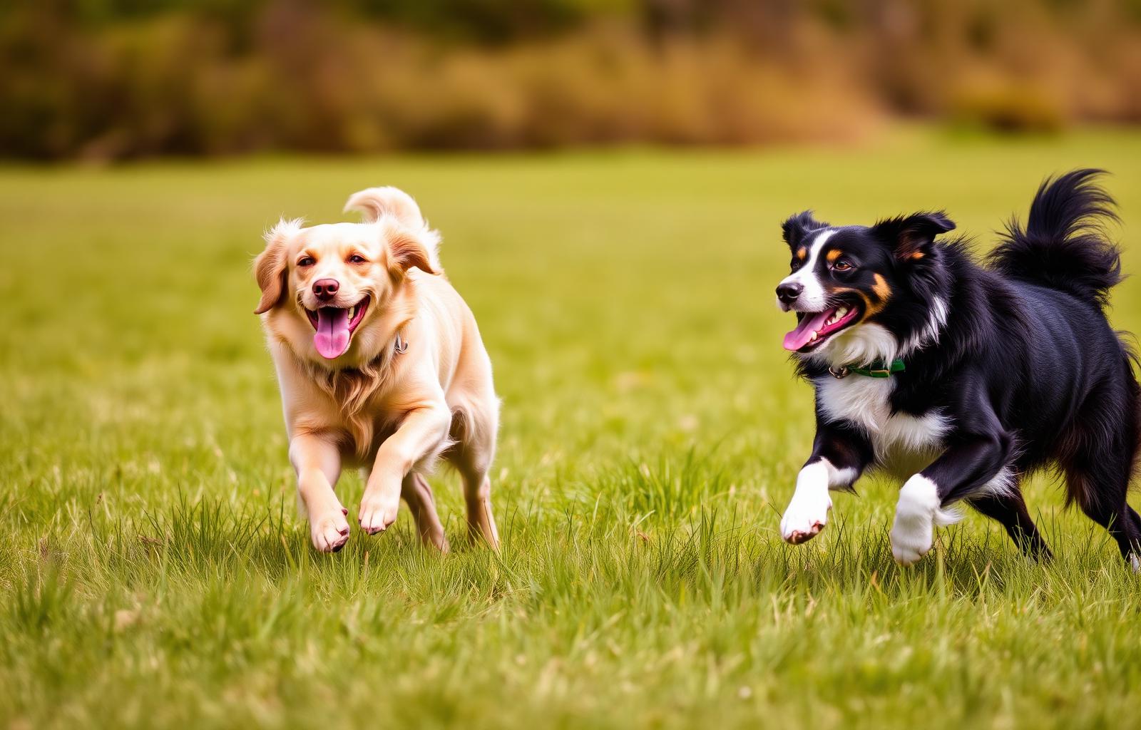 Cães felizes correndo em um gramado ensolarado